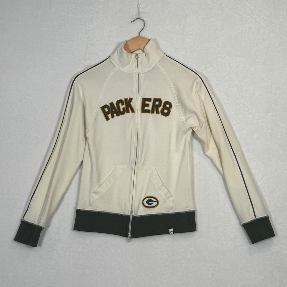 47 Brand Green Bay Packers Full Zip Track Jacket Cream Green Womens Small NFL